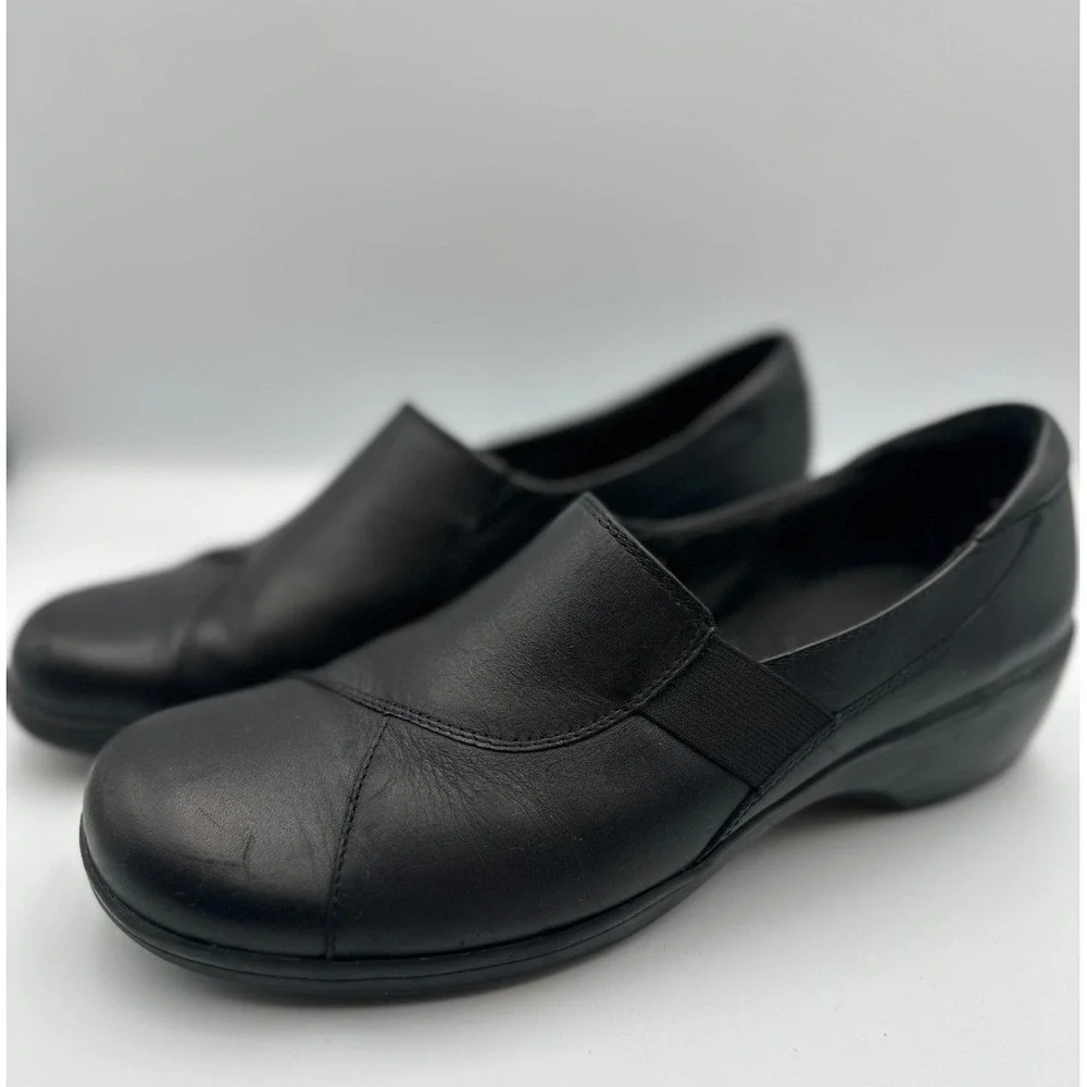 Clarks GRASP Black Leather Slip On Work Comfort Loafers Clogs Women's Size‎ 11 M